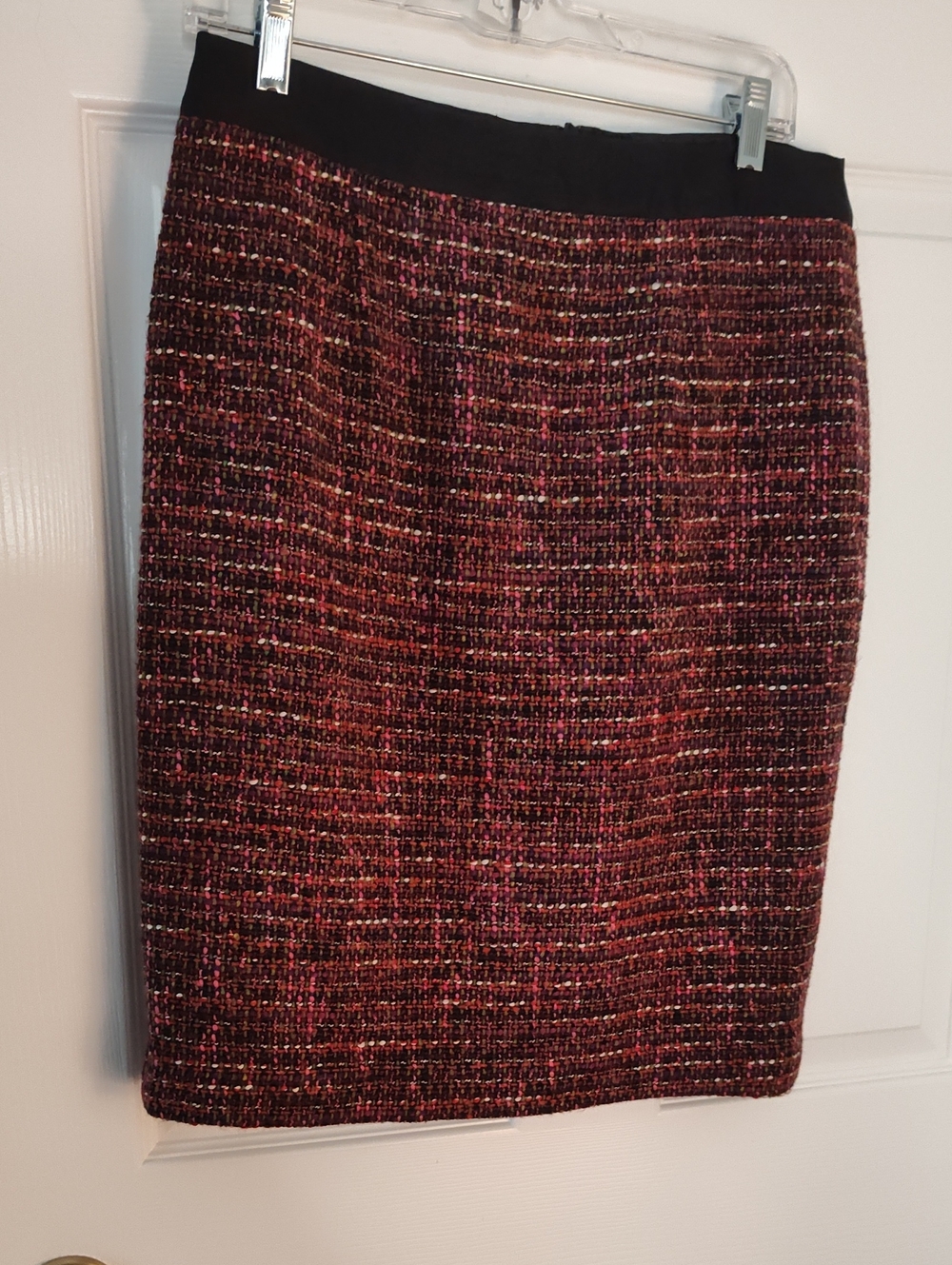 Boden Burgundy Tweed Pencil Skirt with Black Waist